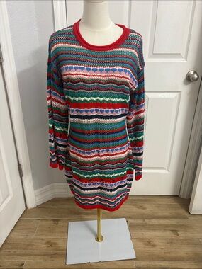 Colorful Striped Crochet-Knit Sweater Dress - Red Trim
